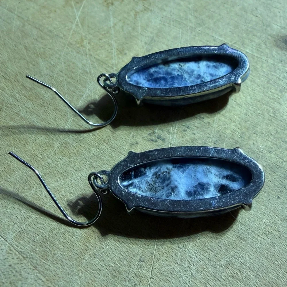 VTG Sodalite Stone Oval Cabochon Drop Earrings Blue Silver Tone Cottagecore Gift